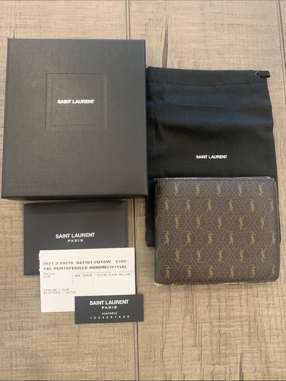 Men’s Saint Laurent Brown Monogram Bi-Fold Wallet with Gold YSL Logos